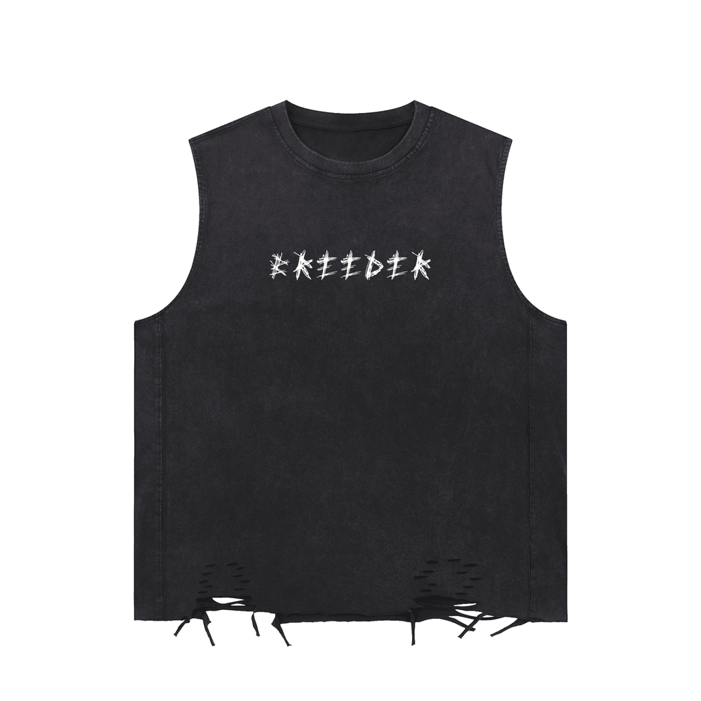 Black breeder fetish tank top with distressed hem and white graphic text on the front