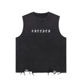 Black breeder fetish tank top with distressed hem and white graphic text on the front