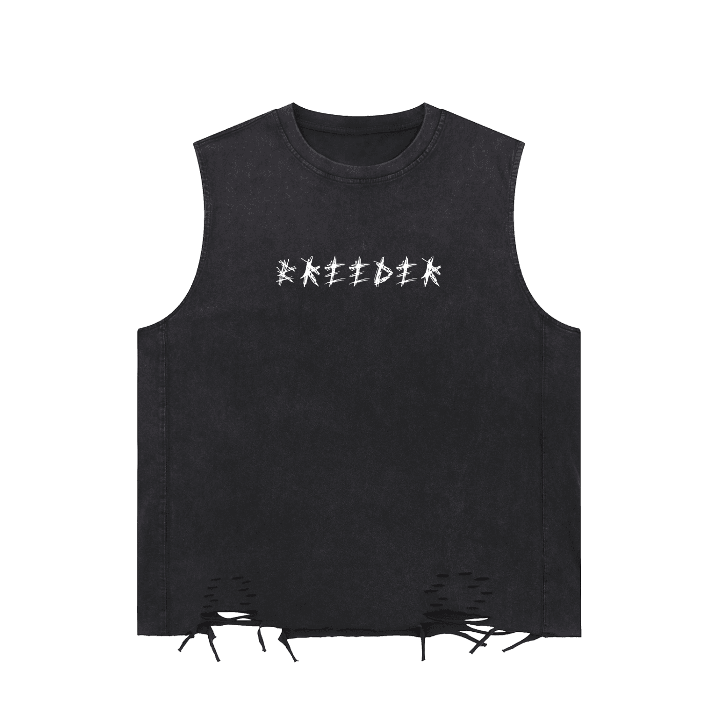 Black breeder fetish tank top with distressed hem and white graphic text on the front