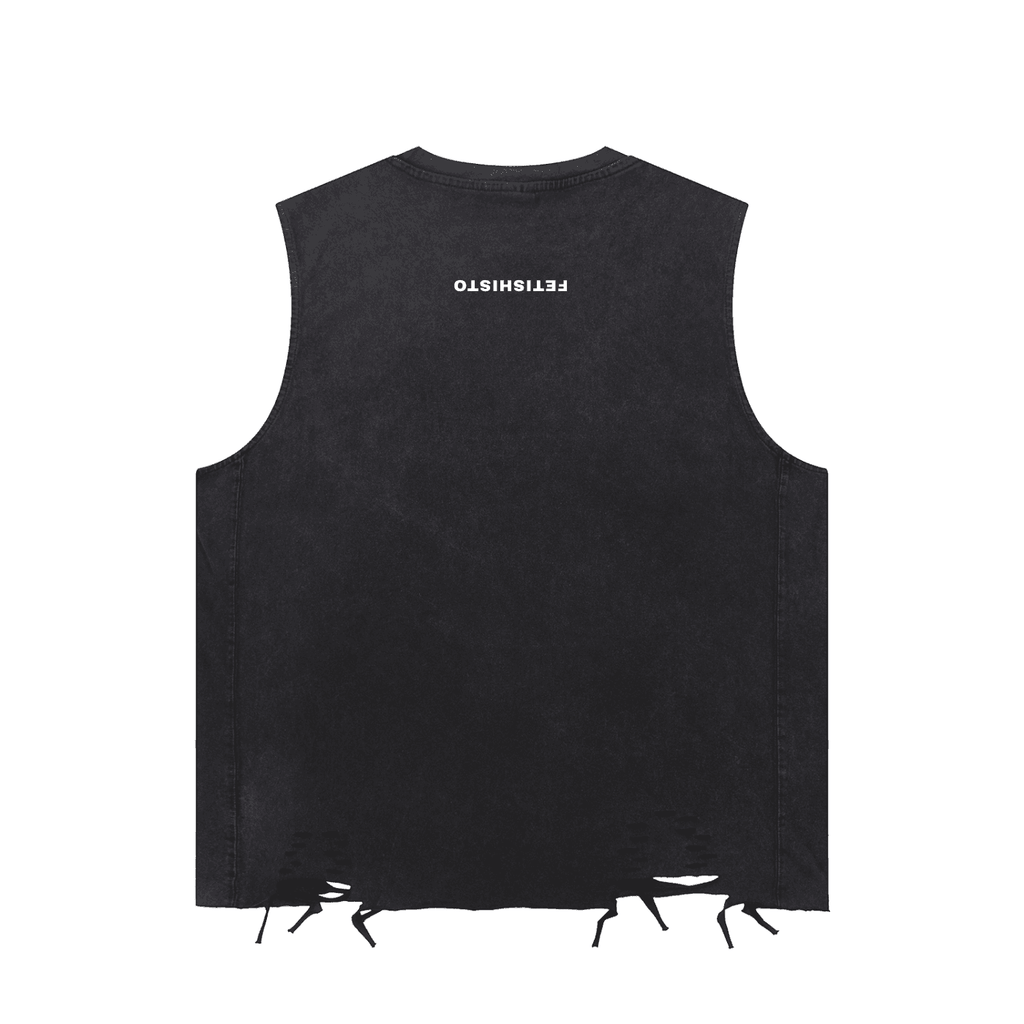 FETISHISTO breeder fetish tank top in black with distressed hem and white logo print on back