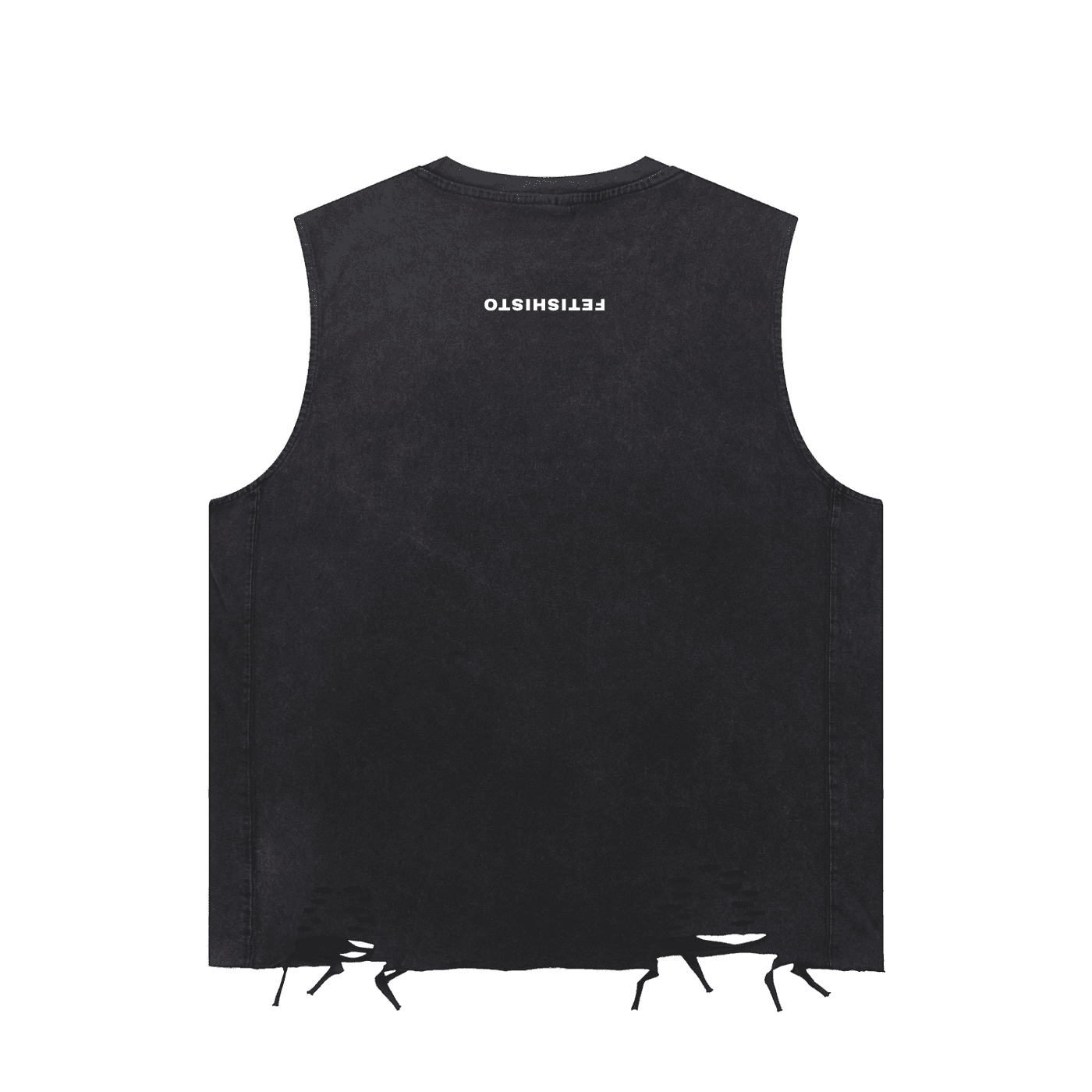 FETISHISTO breeder fetish tank top in black with distressed hem and white logo print on back