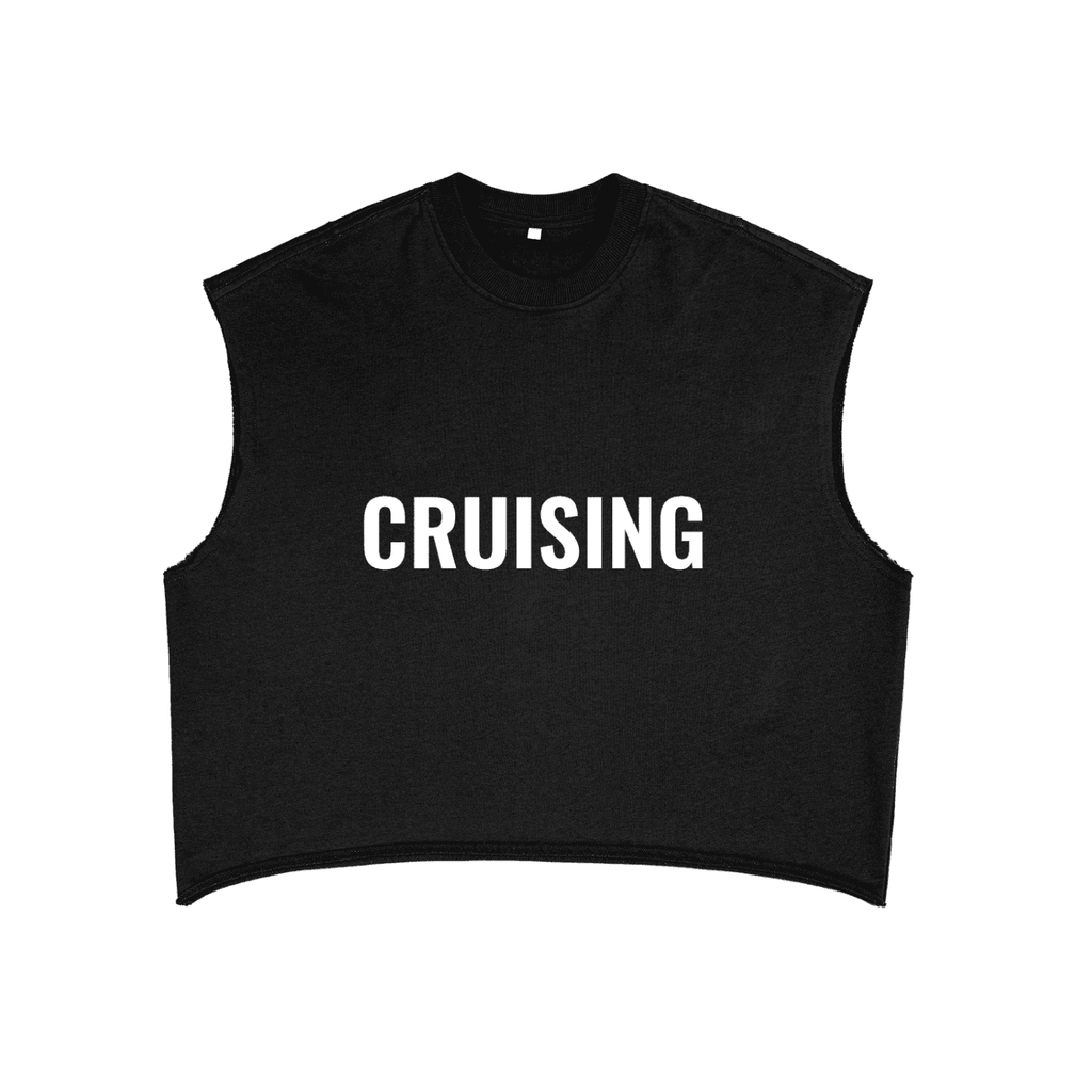 Black FETISHISTO cruising tank top with bold white CRUISING text on front