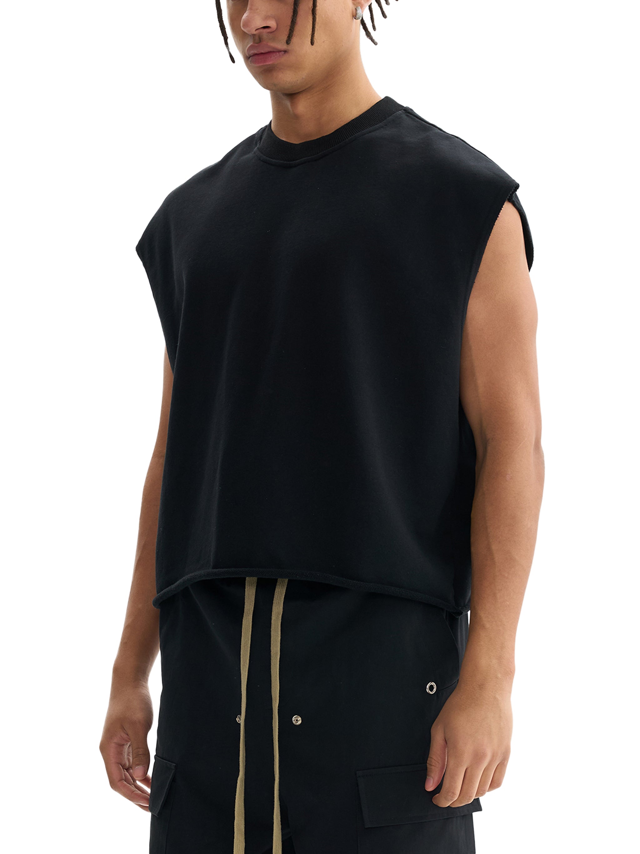 Black french terry boxy tank top by FETISHISTO worn by male model with sleeveless design