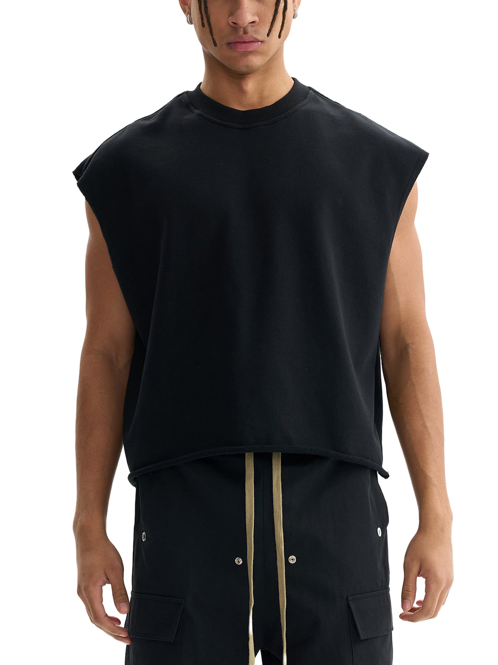 FETISHISTO black french terry boxy tank top with sleeveless design worn by male model