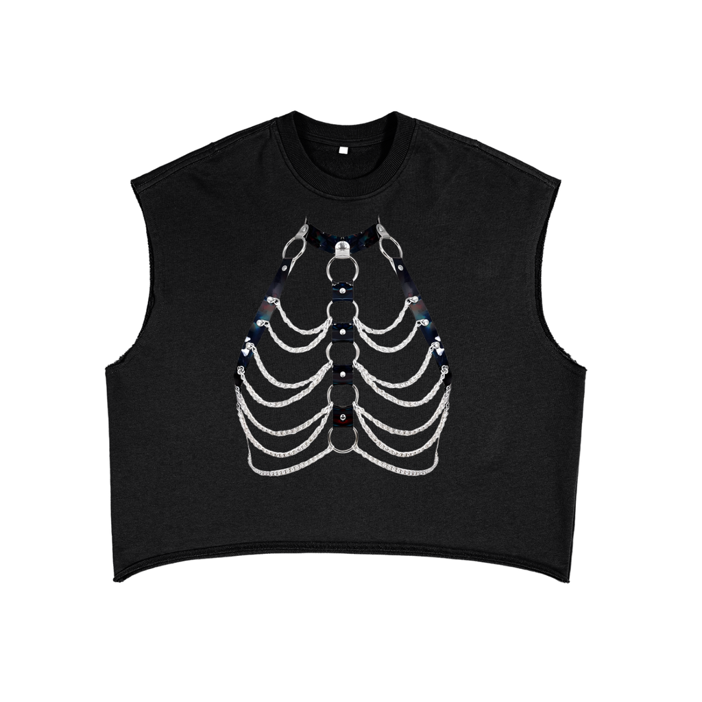Black French terry boxy tank top by FETISHISTO with silver chain rib cage design