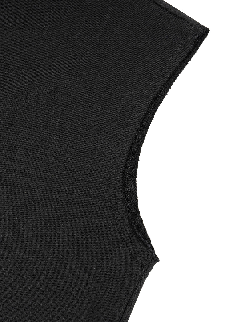 Close-up of black French terry boxy tank top sleeve and fabric texture by FETISHISTO