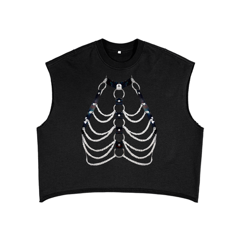 FETISHISTO black French terry boxy tank top with silver chain rib cage design