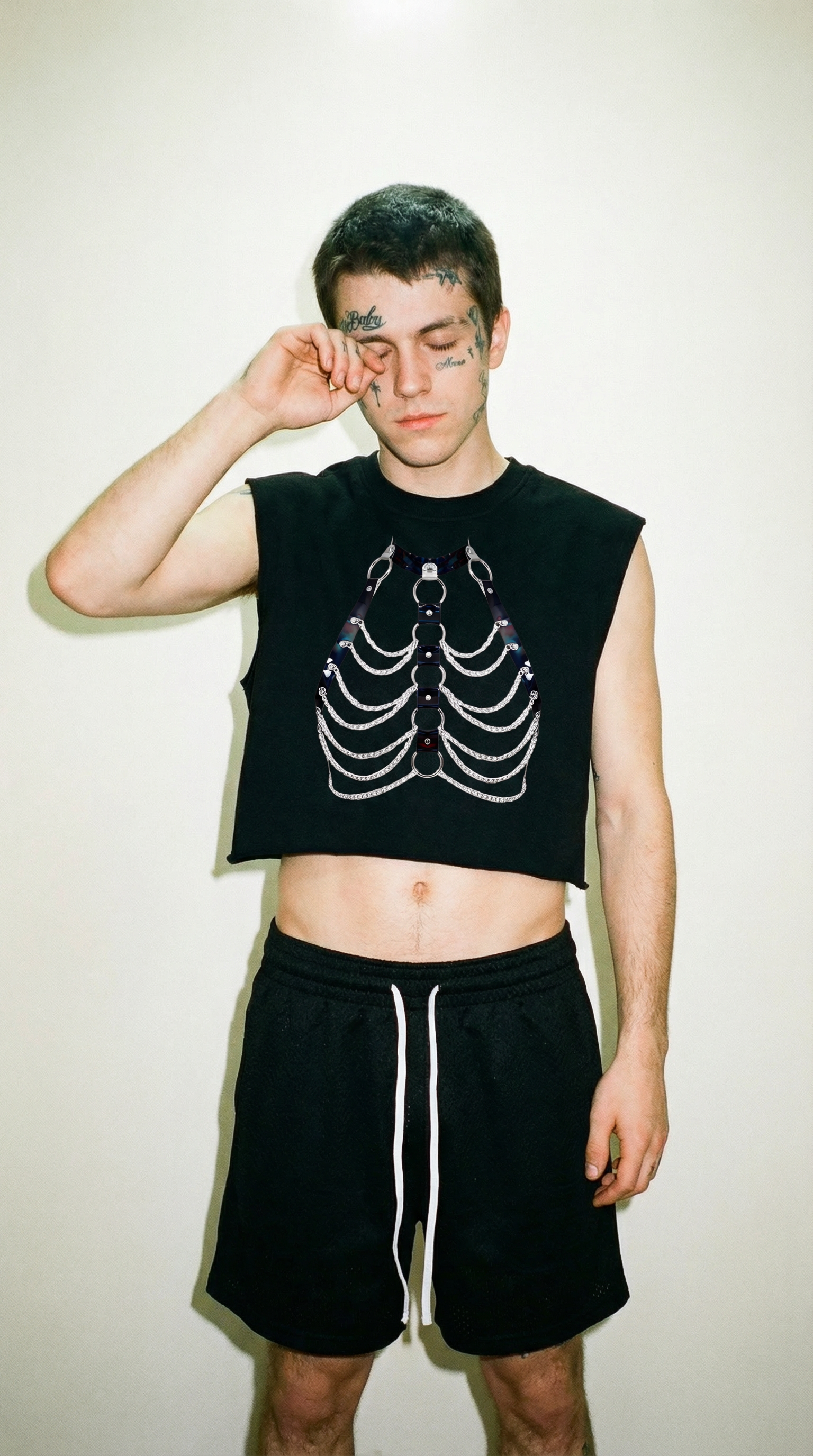 Black French terry boxy tank top with skeleton ribcage design worn by male model