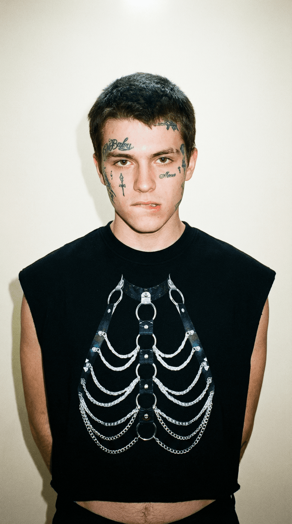 FETISHISTO black French terry boxy tank top with metal chain and ring skeleton design