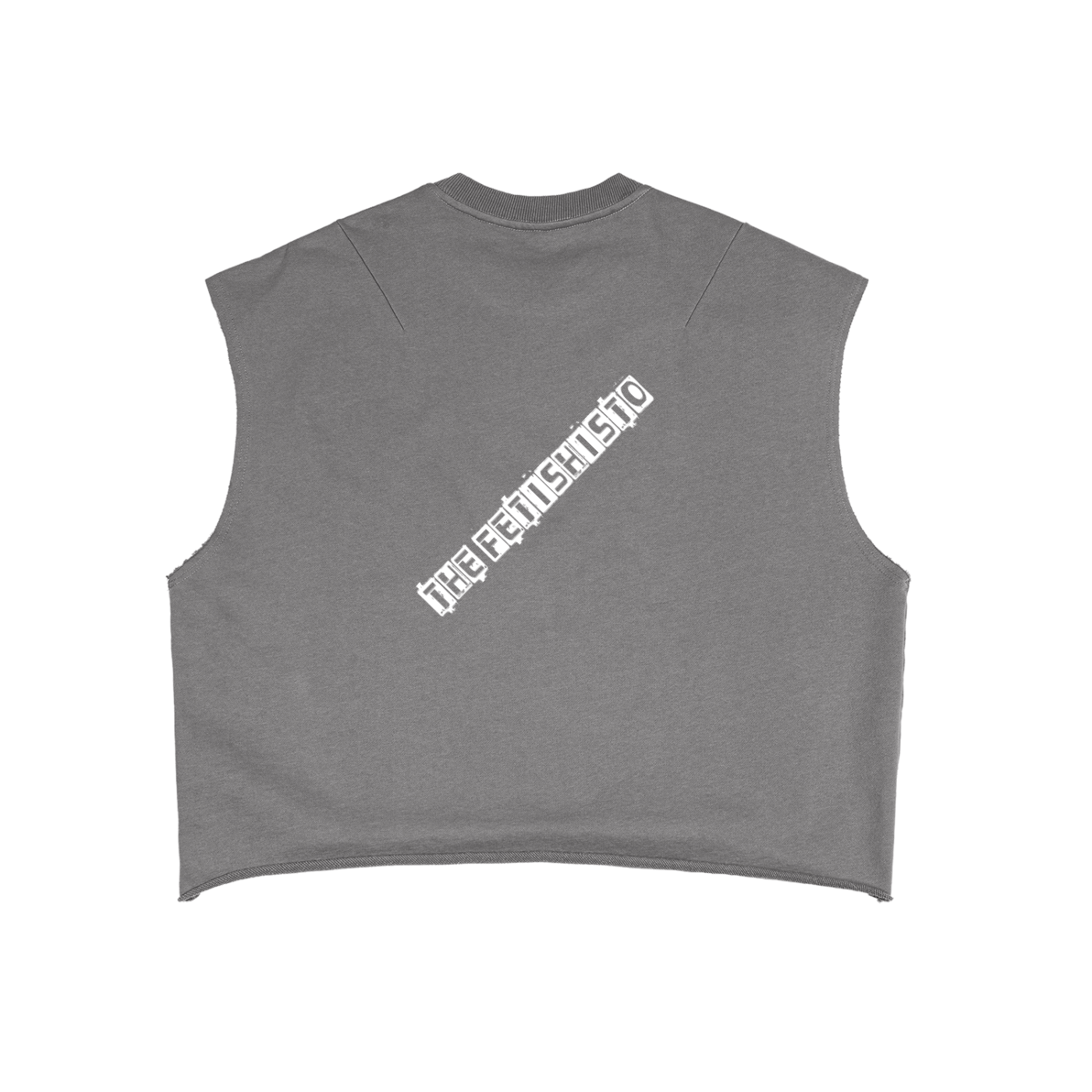 Gray French terry boxy tank top by FETISHISTO with white diagonal logo on the back