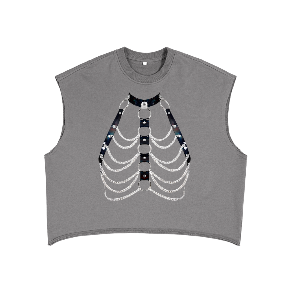 Gray French terry boxy tank top with skeleton chain and strap graphic by FETISHISTO