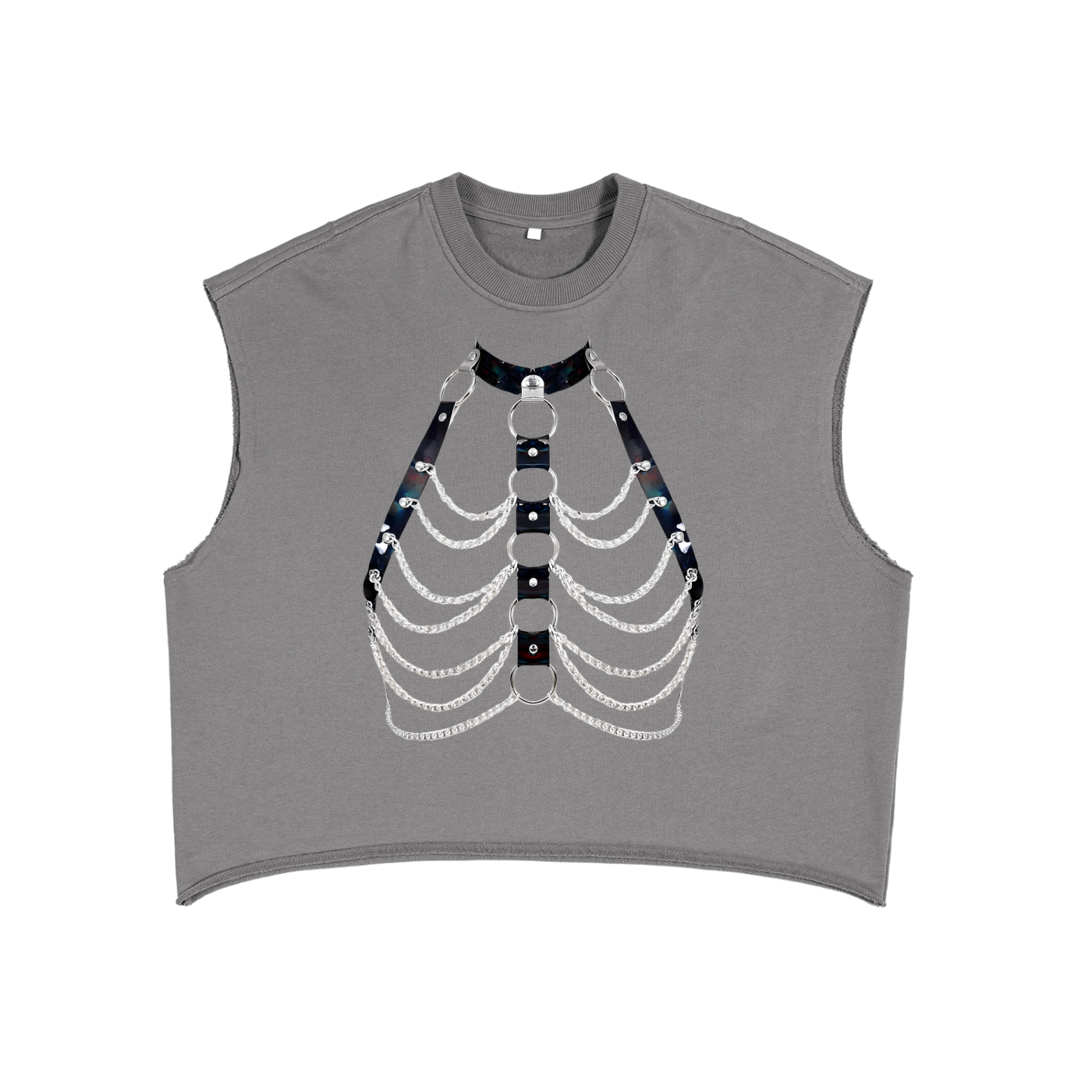 Gray FETISHISTO French terry boxy tank top with black harness and chain ribcage graphic design