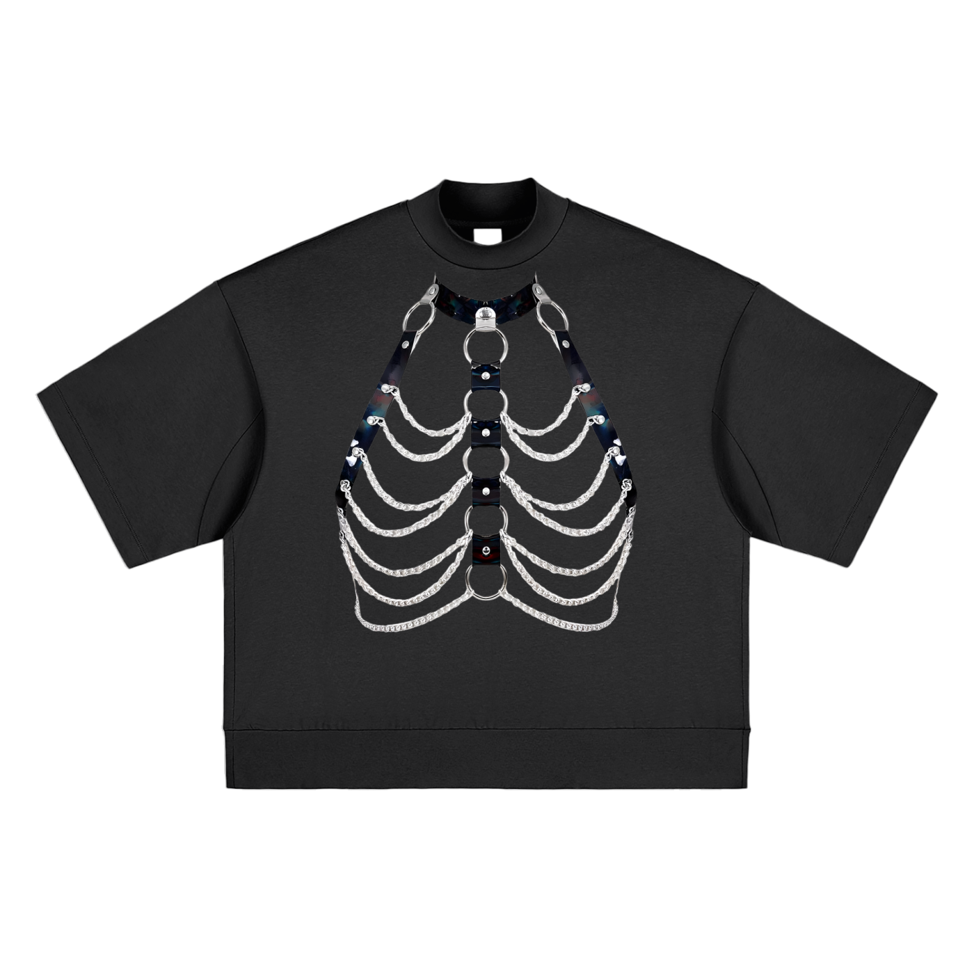 FETISHISTO heavyweight mock neck fetish t-shirt in black with chain and buckle skeleton design