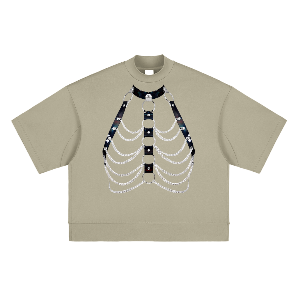 Beige heavyweight mock neck fetish t-shirt with black and silver chain harness design