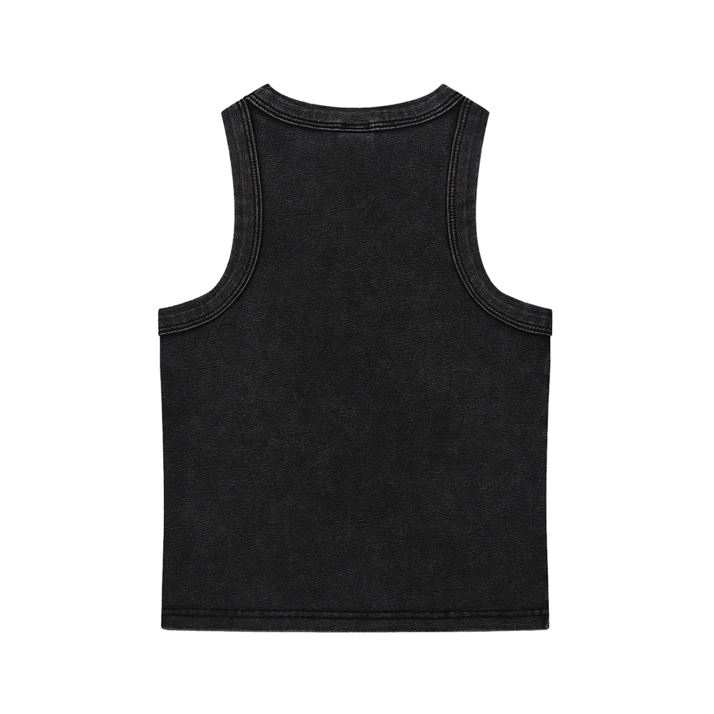 FETISHISTO black snow washed tank top showing the back with detailed stitching