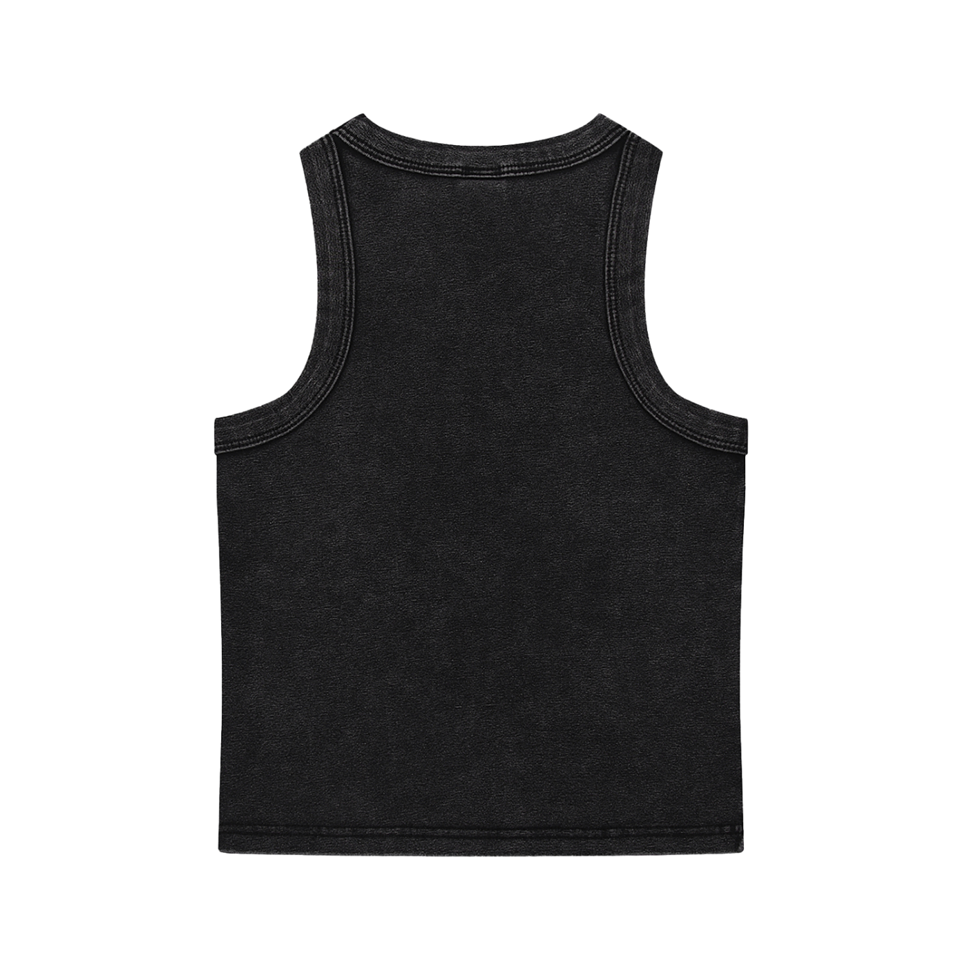 FETISHISTO black snow washed tank top showing the back with detailed stitching