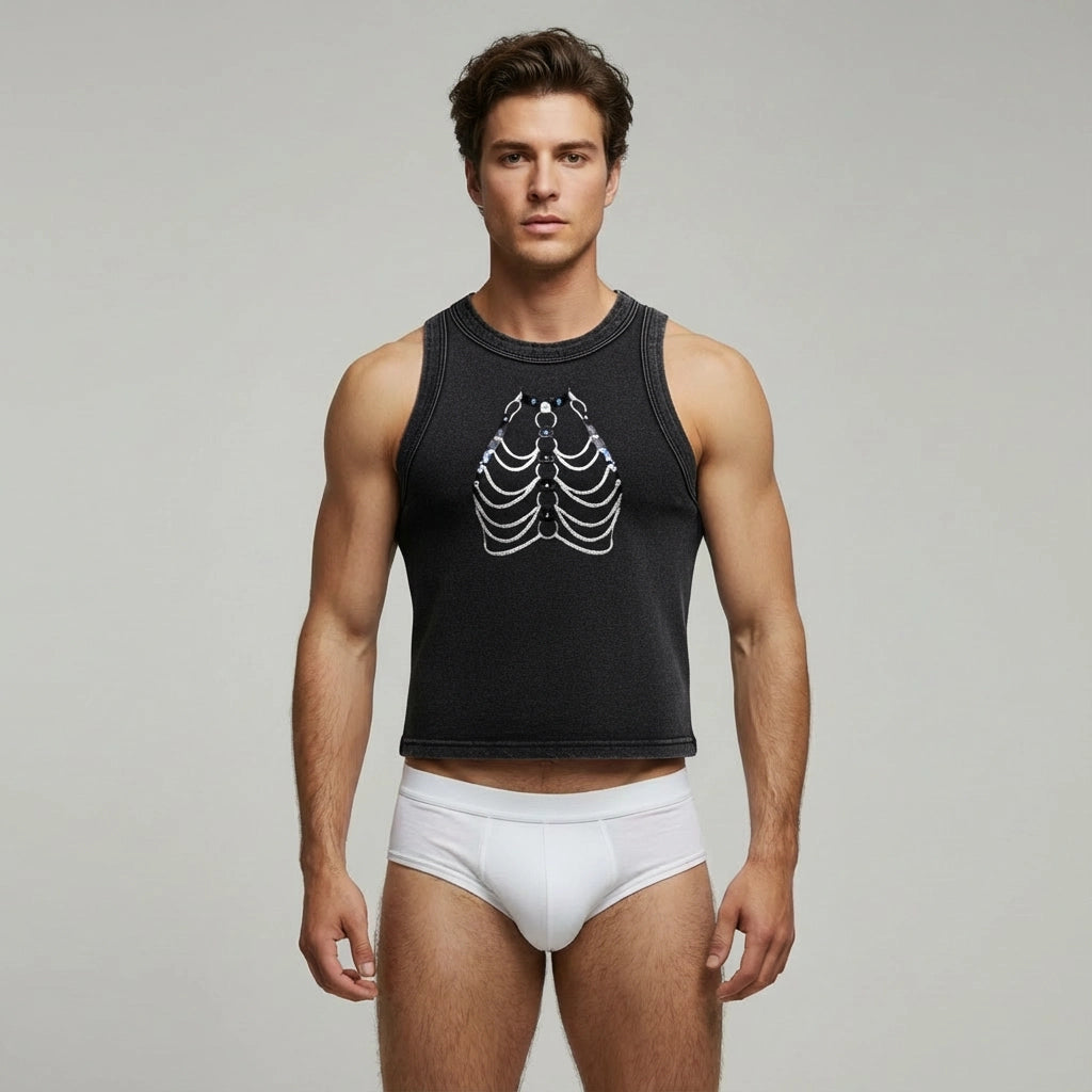 FETISHISTO black snow washed tank top with white rib cage graphic worn by male model