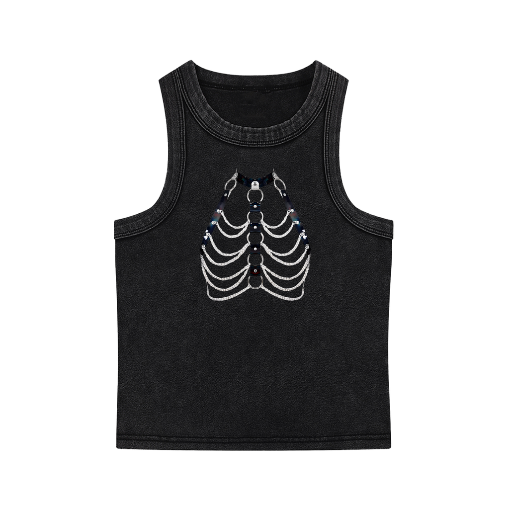 FETISHISTO black snow washed tank top with skeleton rib cage design and sleeveless cut
