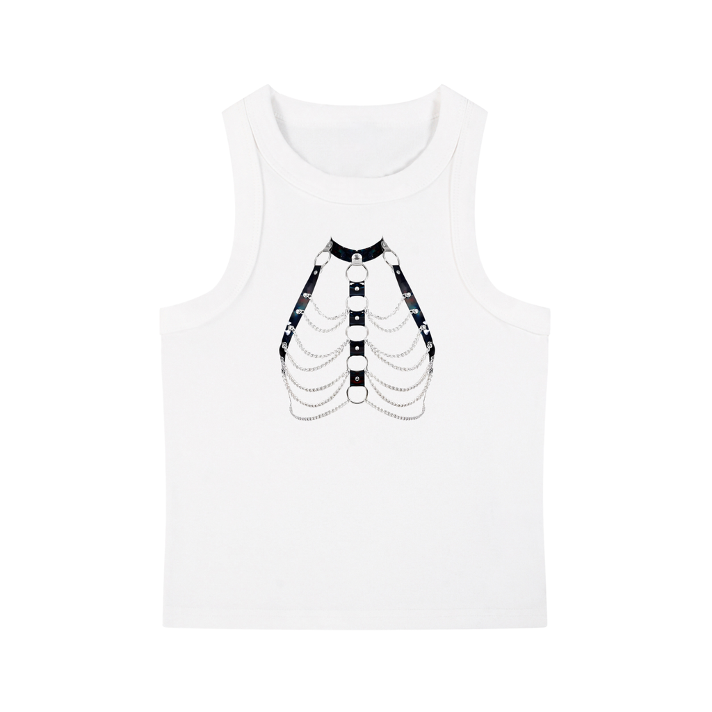 FETISHISTO white snow washed tank top with black harness and chain design on front
