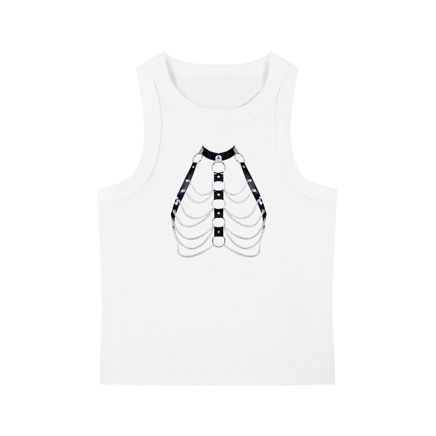 FETISHISTO white snow washed tank top with black harness and chain design on front