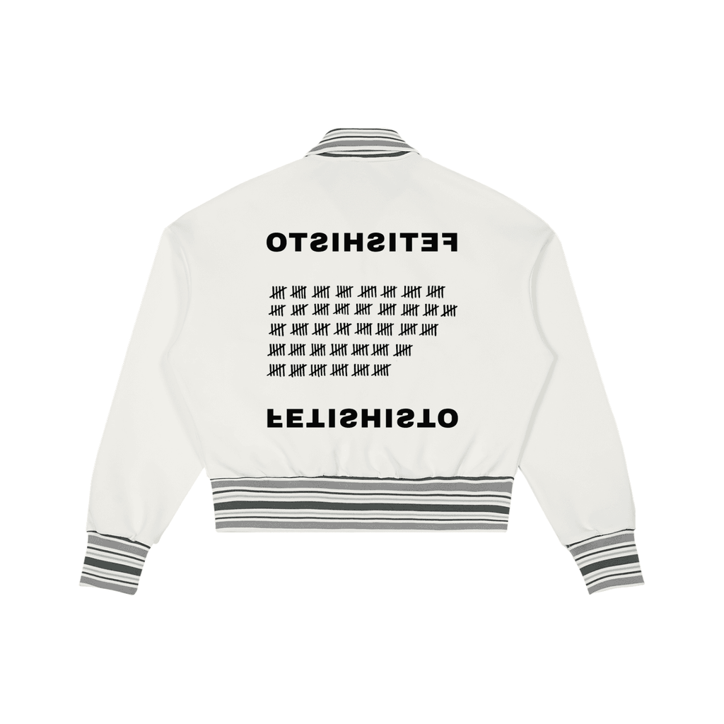White striped rib collar zip jacket by FETISHISTO with black tally marks and logo on back