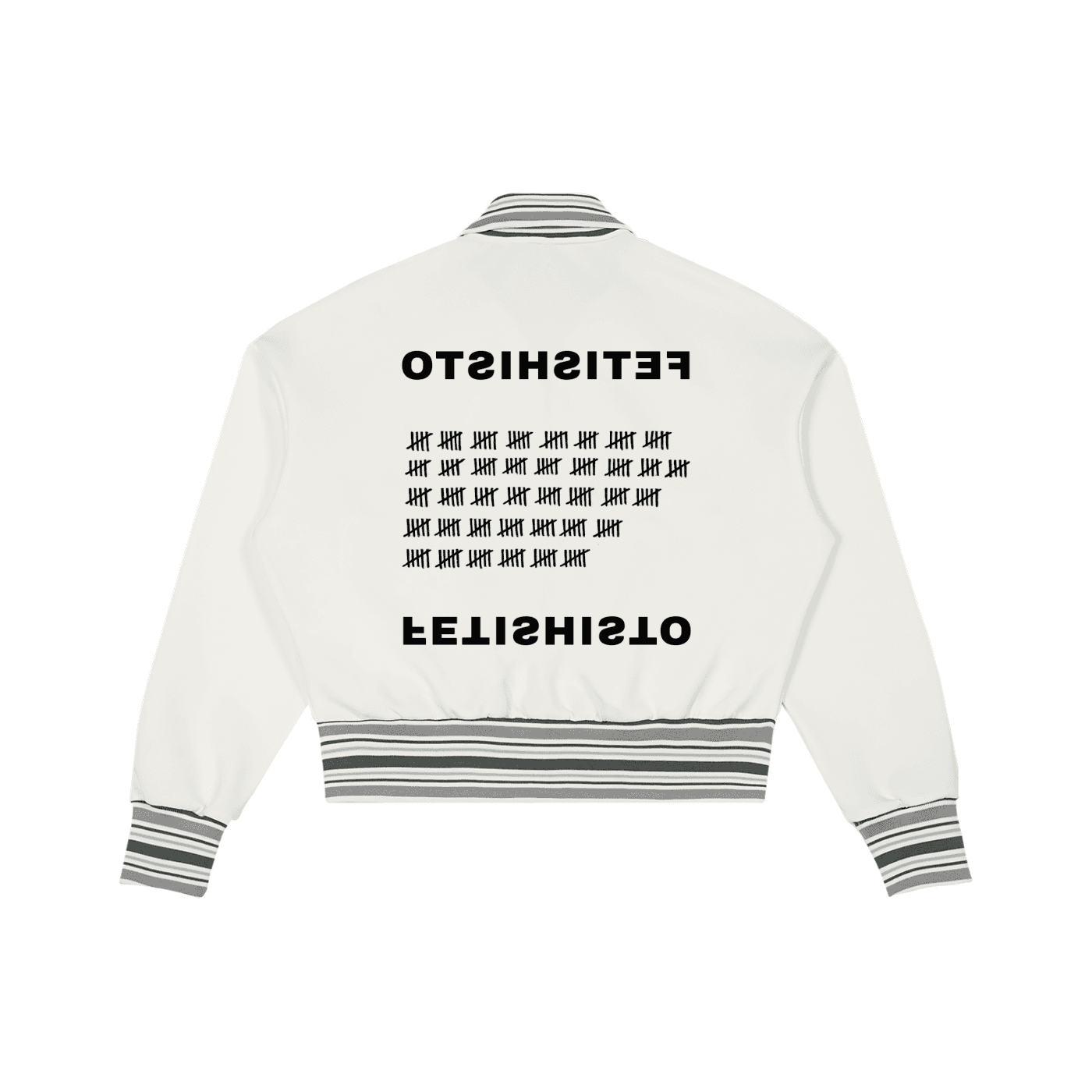 White striped rib collar zip jacket by FETISHISTO with black tally marks and logo on back