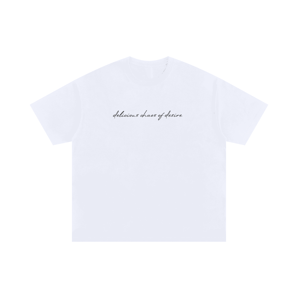 White chaos of desire oversized t-shirt with black script text on front by FETISHISTO
