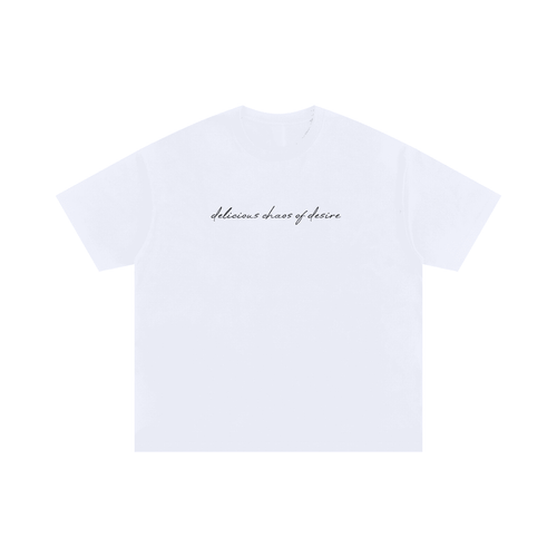 White chaos of desire oversized t-shirt with black script text on front by FETISHISTO