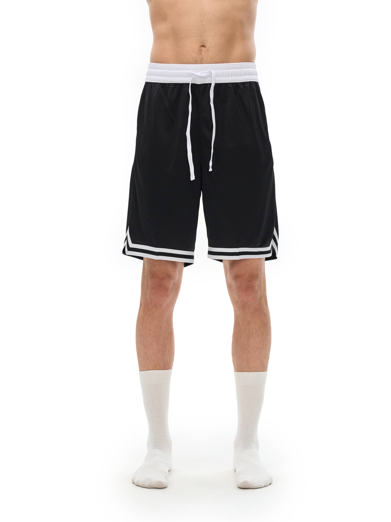 FETISHISTO classic basketball shorts in black with white waistband and drawstring on male model