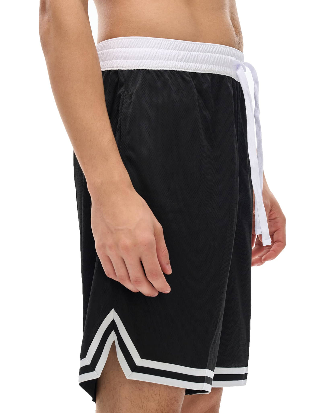 Black classic basketball shorts with white waistband and striped hem by FETISHISTO