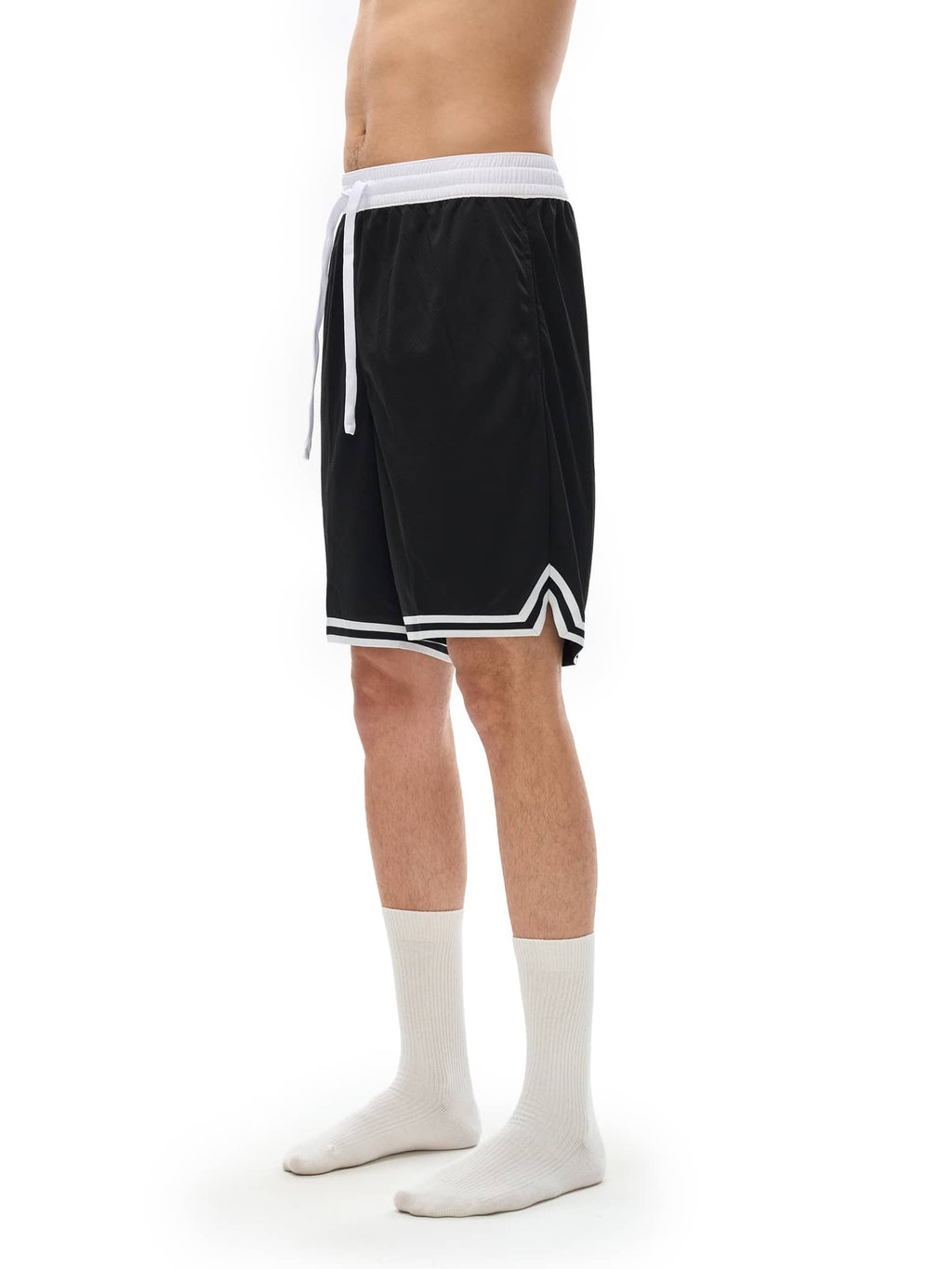 FETISHISTO classic basketball shorts in black with white waistband and side slit detailing