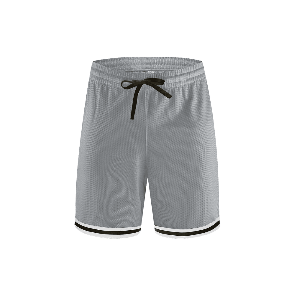 FETISHISTO gray classic basketball shorts with black drawstring and striped hem for athletic wear