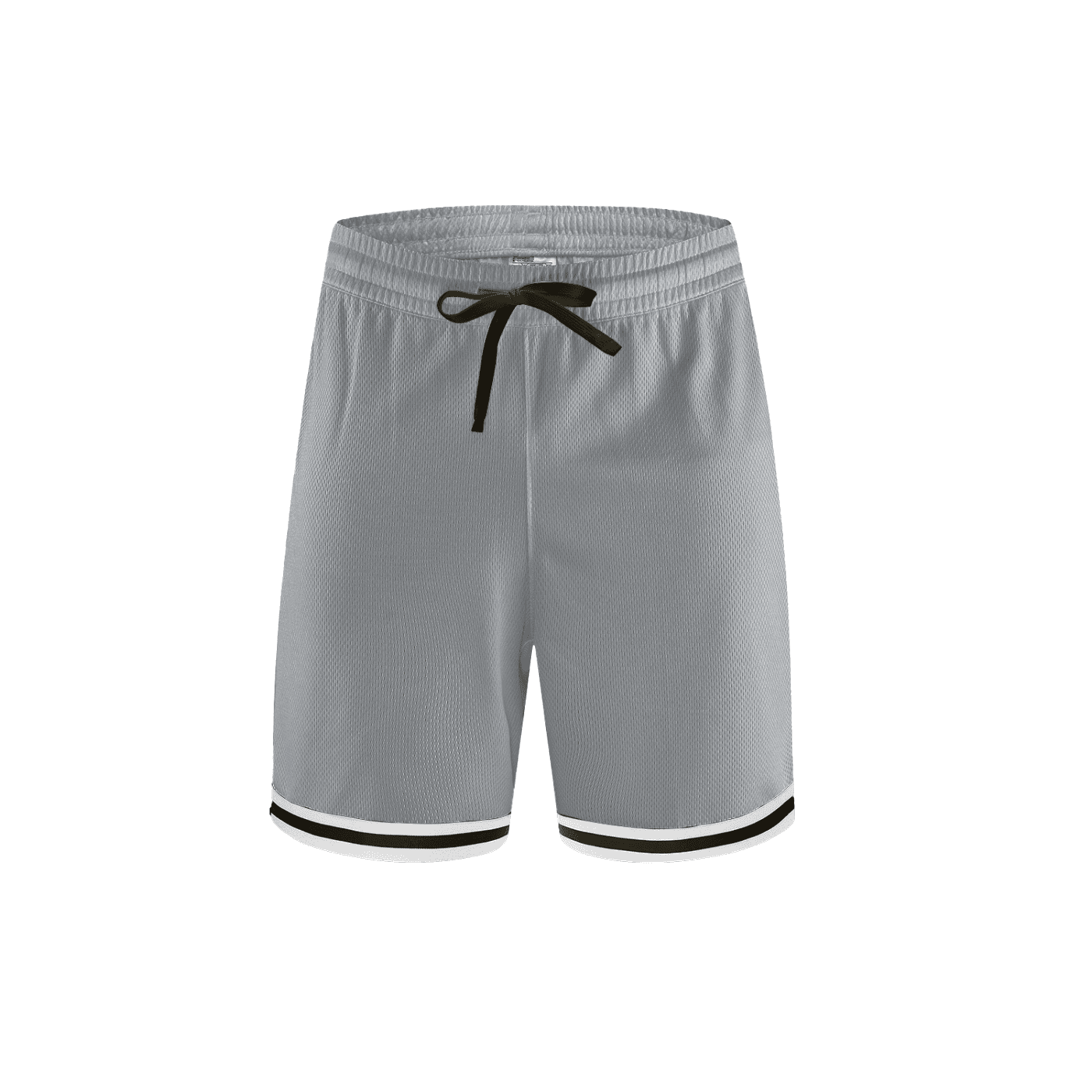 FETISHISTO gray classic basketball shorts with black drawstring and striped hem for athletic wear