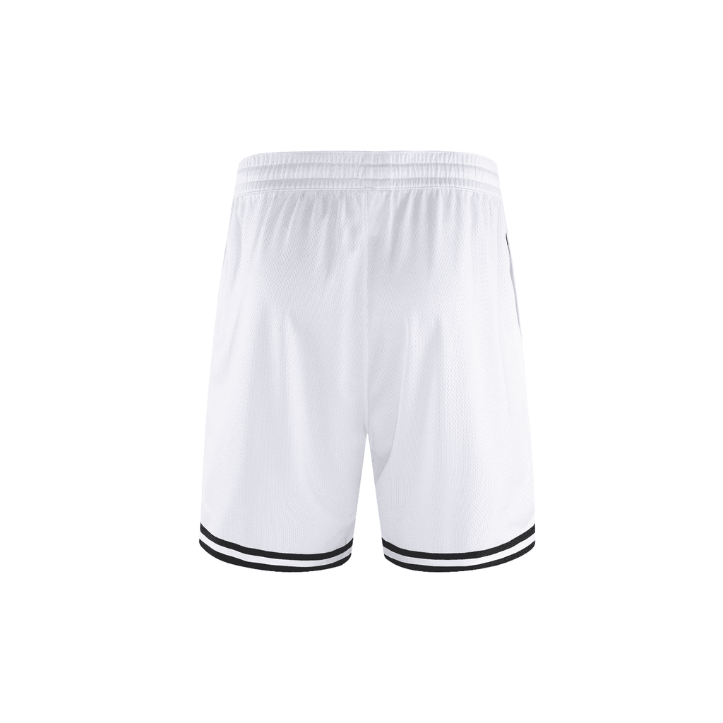 White classic basketball shorts with black stripes on the hem and elastic waistband