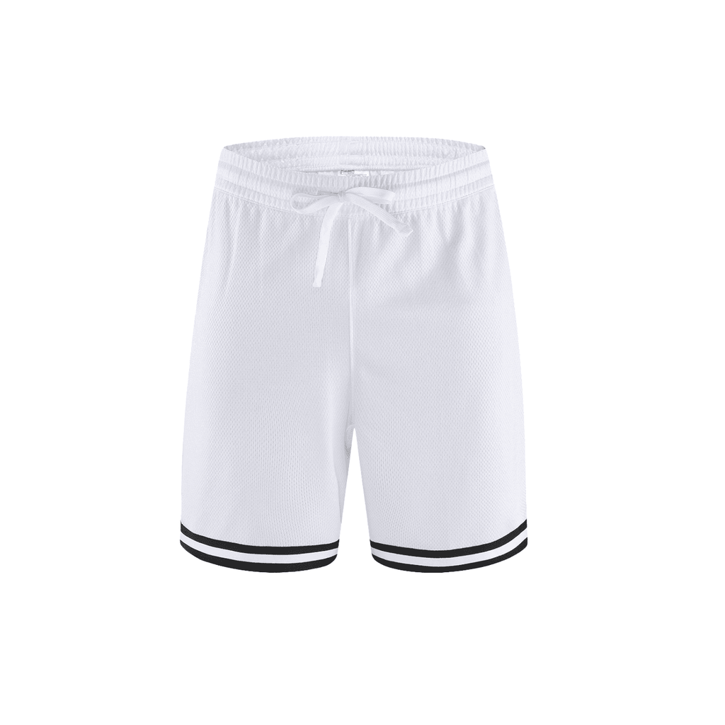 White classic basketball shorts with black stripe details on the hem and an adjustable drawstring waist