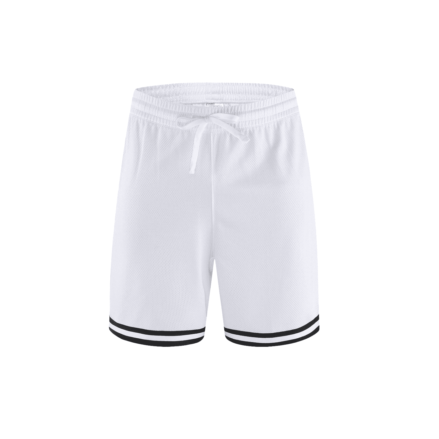 White classic basketball shorts with black stripe details on the hem and an adjustable drawstring waist