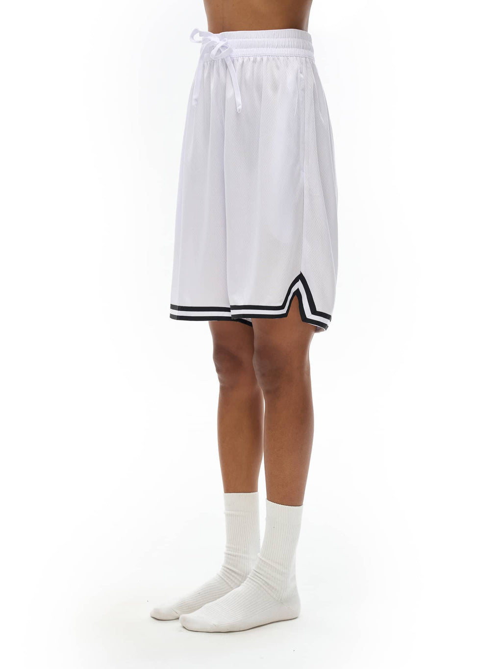 FETISHISTO white classic basketball shorts with black trim and adjustable waistband