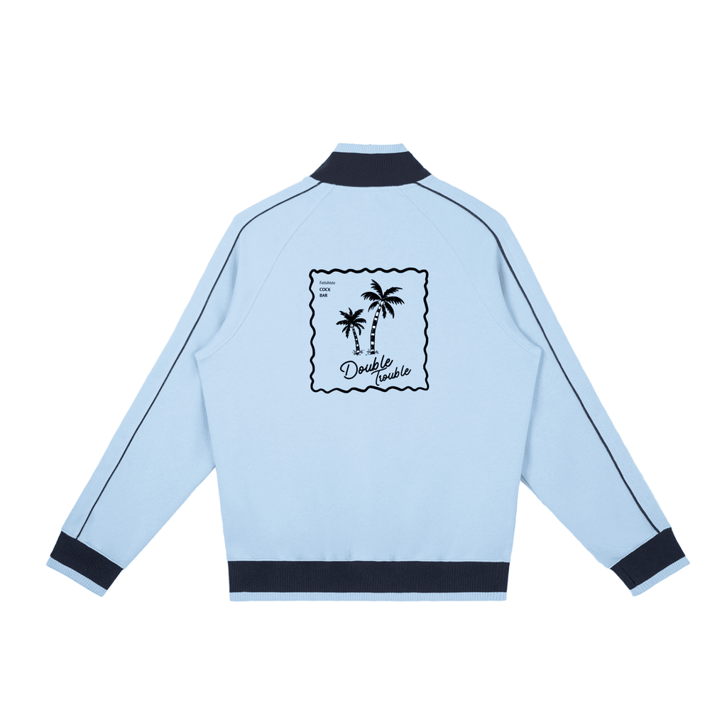 FETISHISTO light blue color block fetish track jacket with black palm tree graphic on back