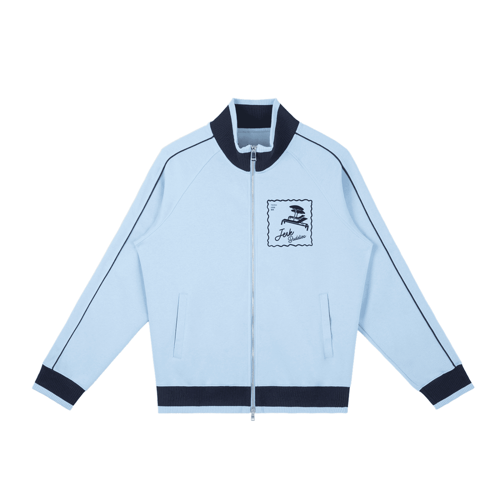 FETISHISTO light blue color block fetish track jacket with navy accents and front zipper