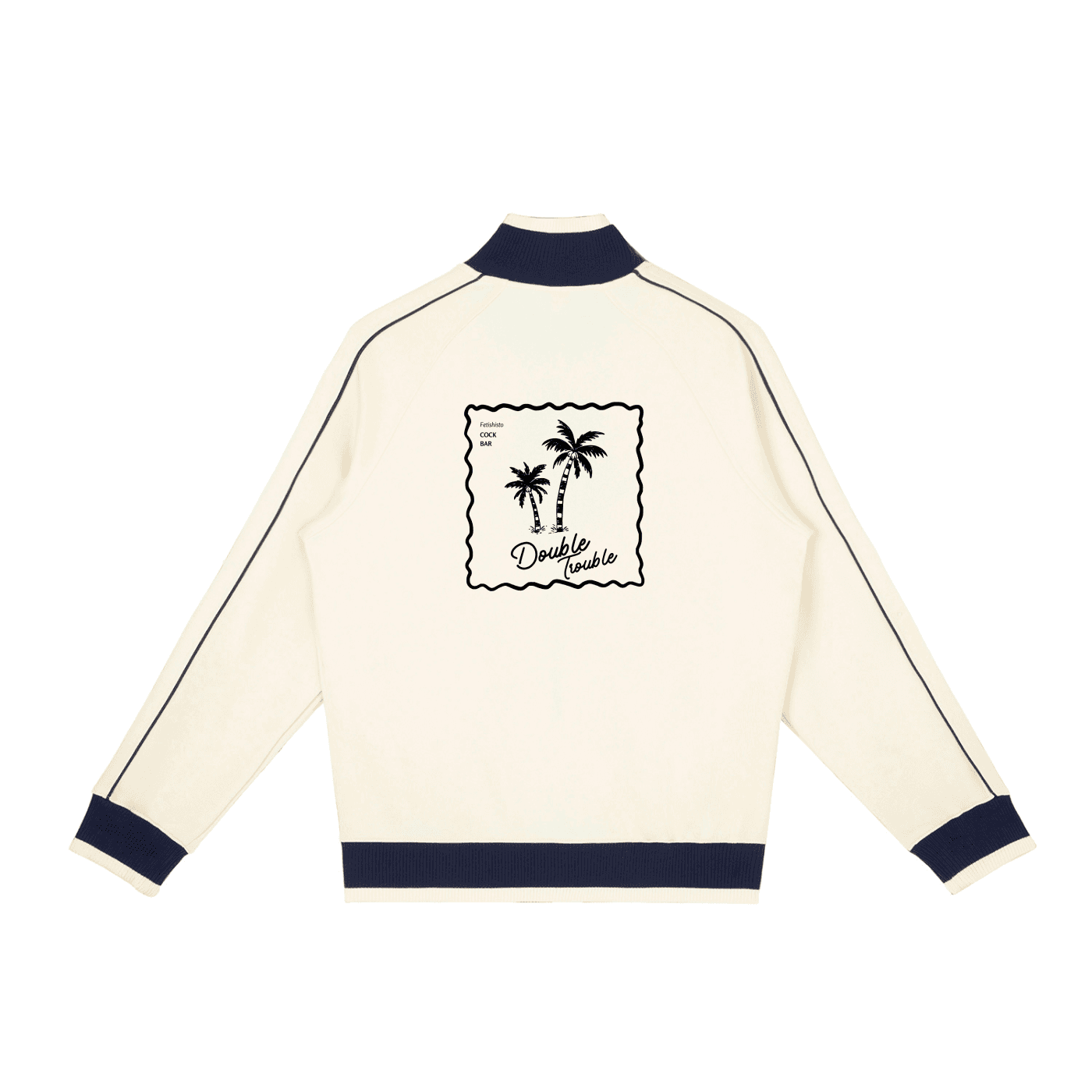 FETISHISTO color block fetish track jacket in white with navy trim and palm tree graphic on back