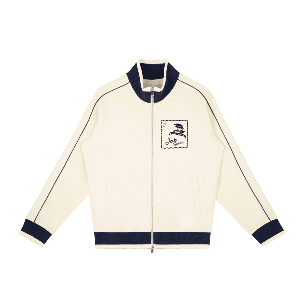 FETISHISTO color block fetish track jacket in cream with navy blue accents and front zipper