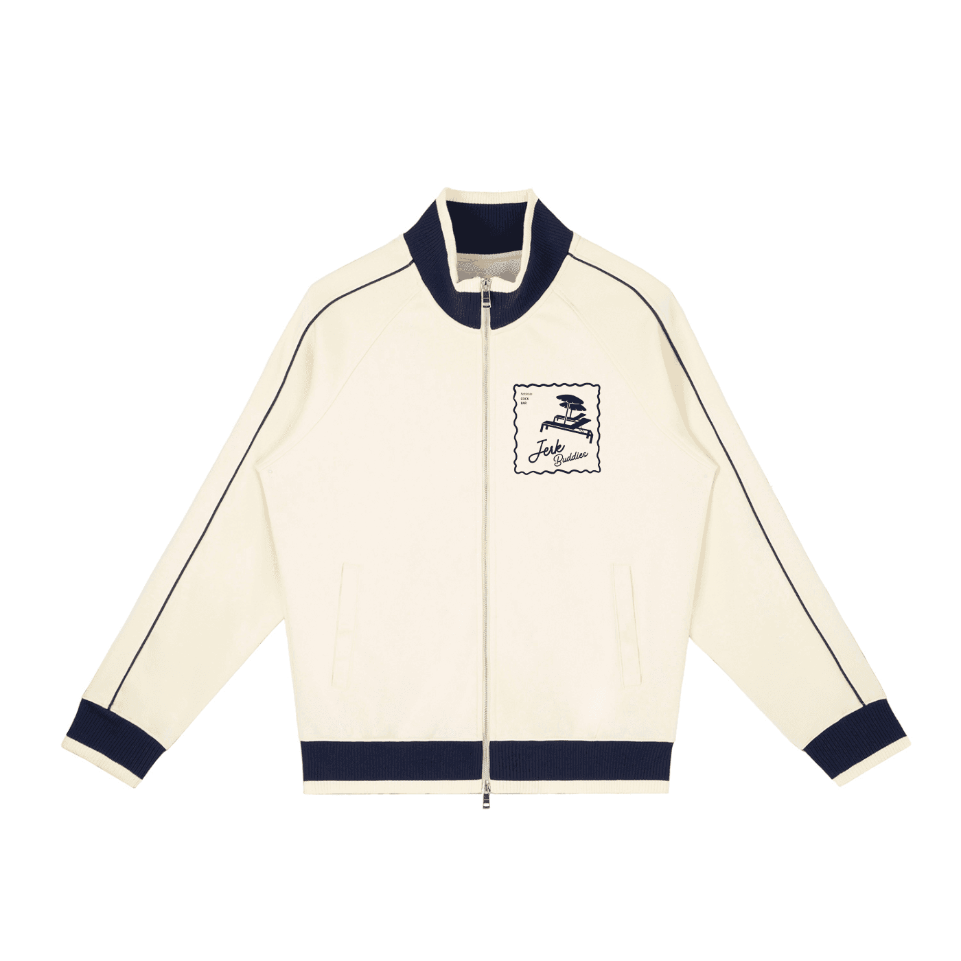 FETISHISTO color block fetish track jacket in cream with navy blue accents and front zipper