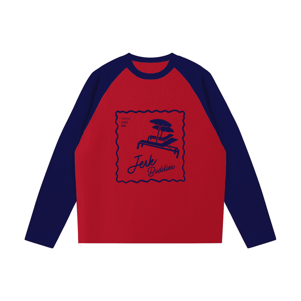 FETISHISTO color-blocked raglan fetish shirt with red body and navy blue sleeves featuring graphic print