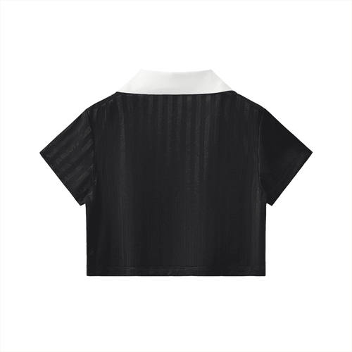 ODMPOD black contrast collar cropped jersey with short sleeves and striped texture back view