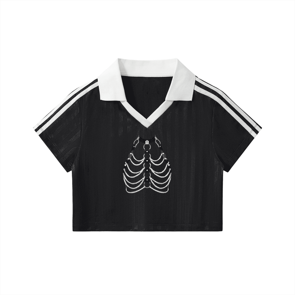 Black contrast collar cropped jersey with white stripes on sleeves and skeleton rib cage design