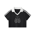 Black contrast collar cropped jersey with white stripes on sleeves and skeleton rib cage design