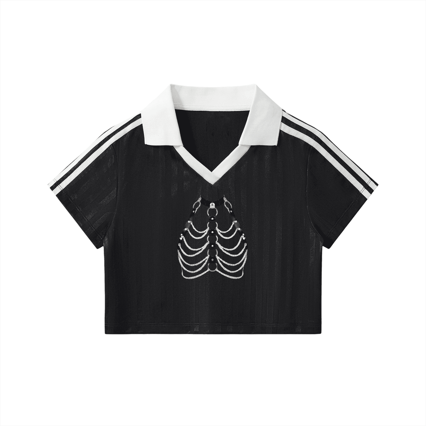 Black contrast collar cropped jersey with white stripes on sleeves and skeleton rib cage design