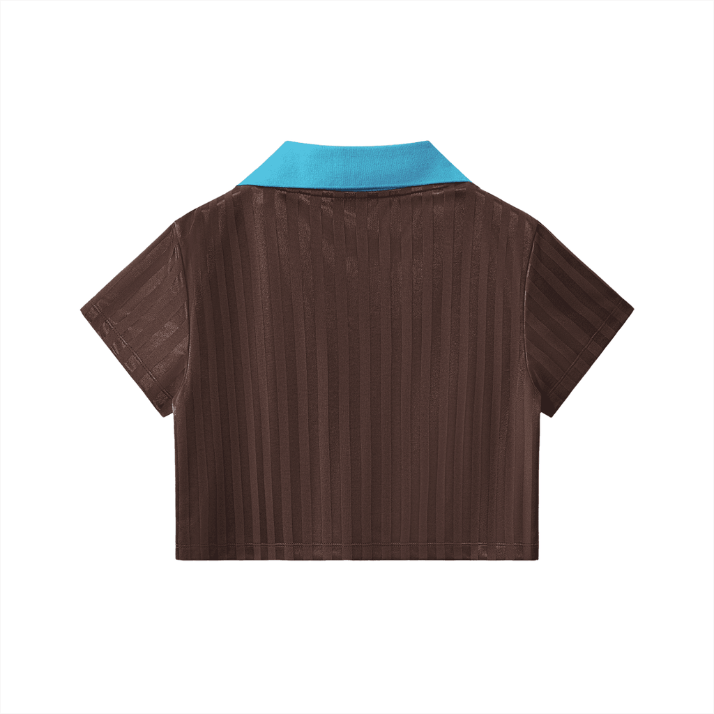 ODMPOD contrast collar cropped jersey in brown with blue collar and short sleeves