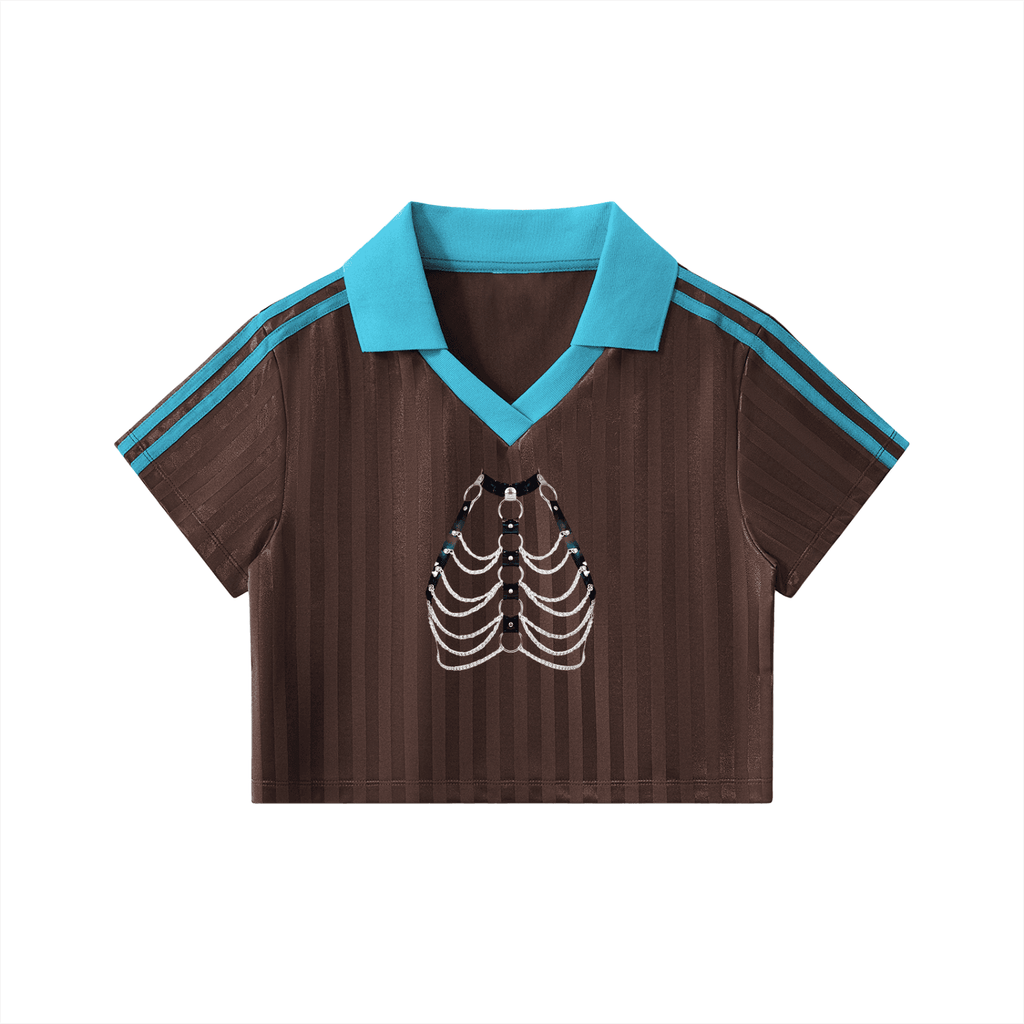 ODMPOD contrast collar cropped jersey in brown with blue collar and skeleton ribcage design