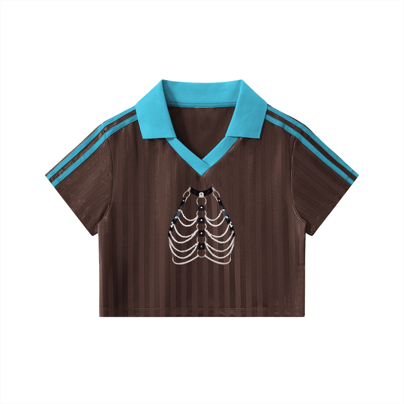 ODMPOD contrast collar cropped jersey in brown with blue collar and skeleton ribcage design